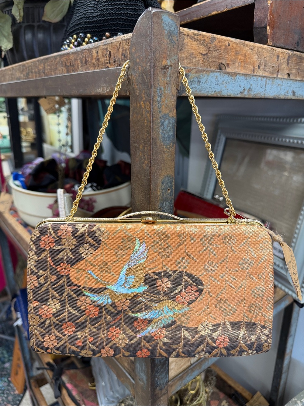 Orange and Brown Kimono Jacquard Bird Clutch with Gold Chain